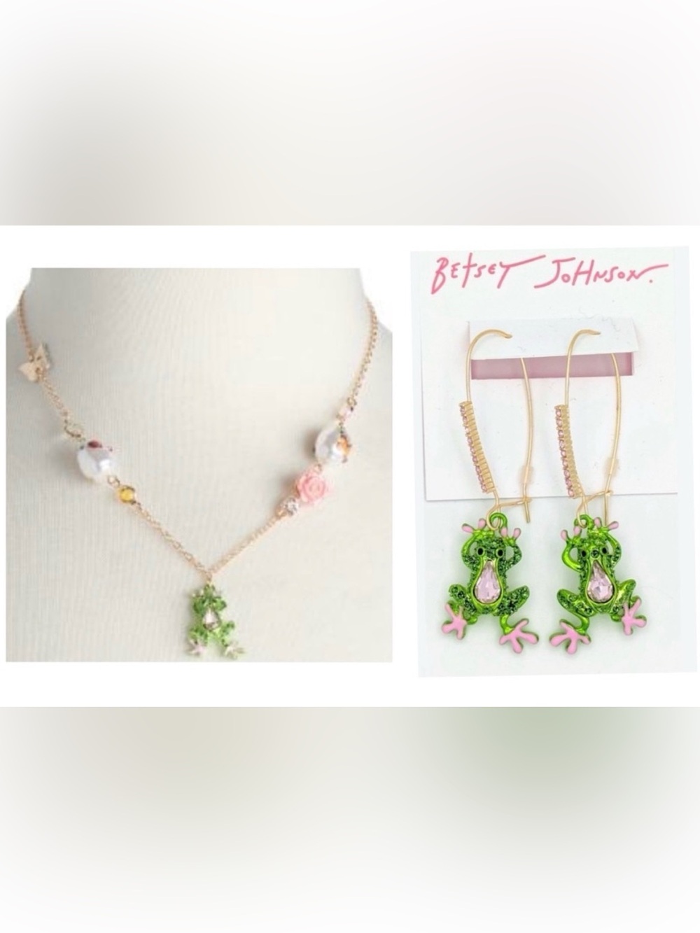 BETSEY JOHNSON SET Backyard Critters Frog Butterfly Necklace & Earrings NEW NWT